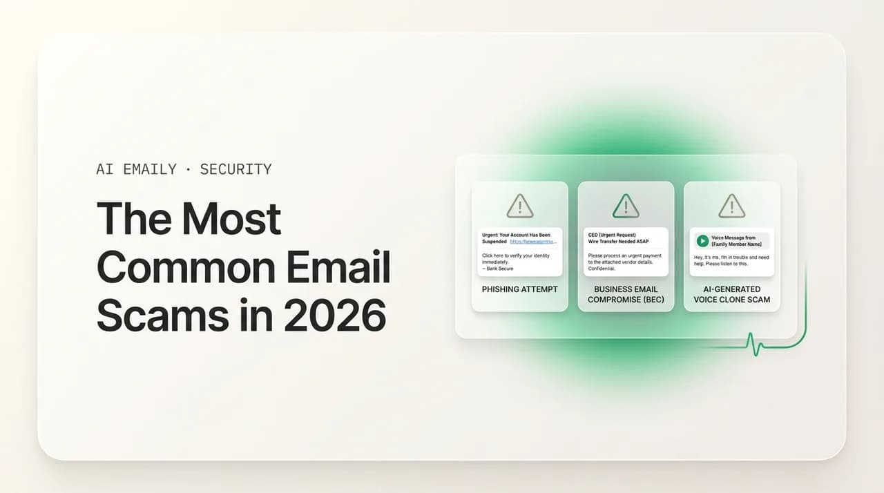 AI Emaily blog cover for email scams, showing a lineup of scam email cards with caution markers