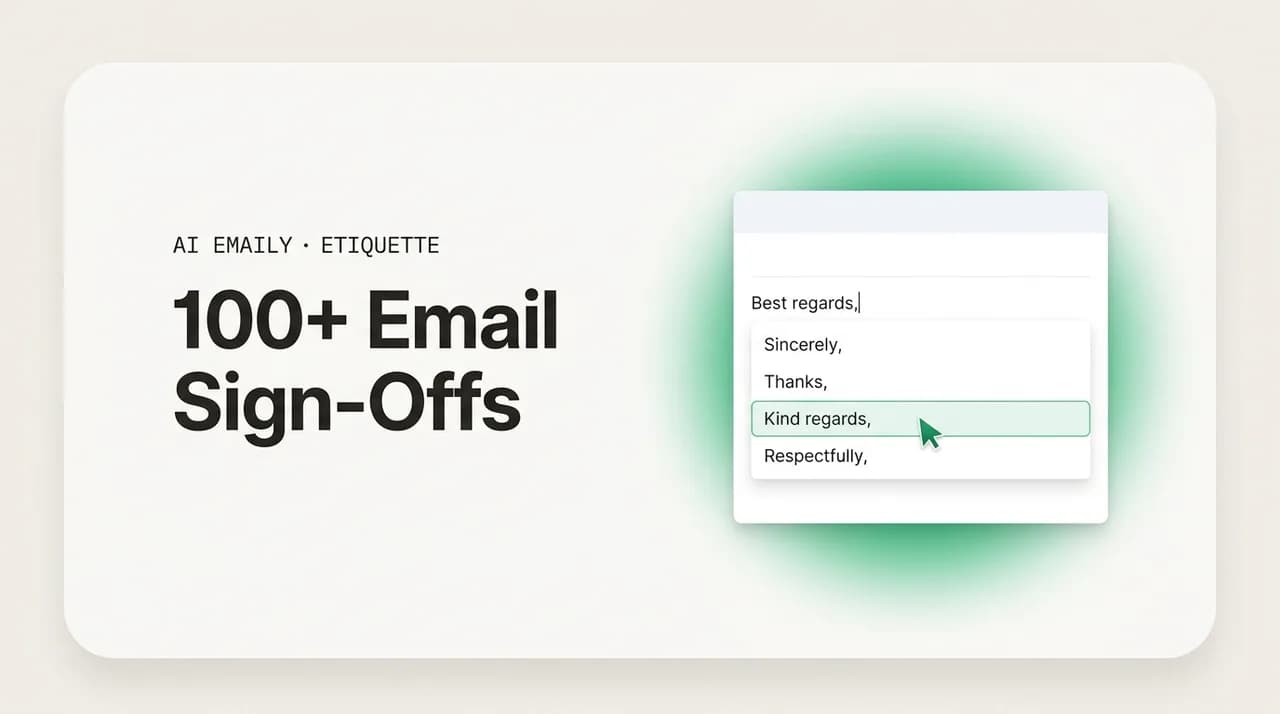 AI Emaily blog cover for email sign offs, showing an email with professional sign-off options
