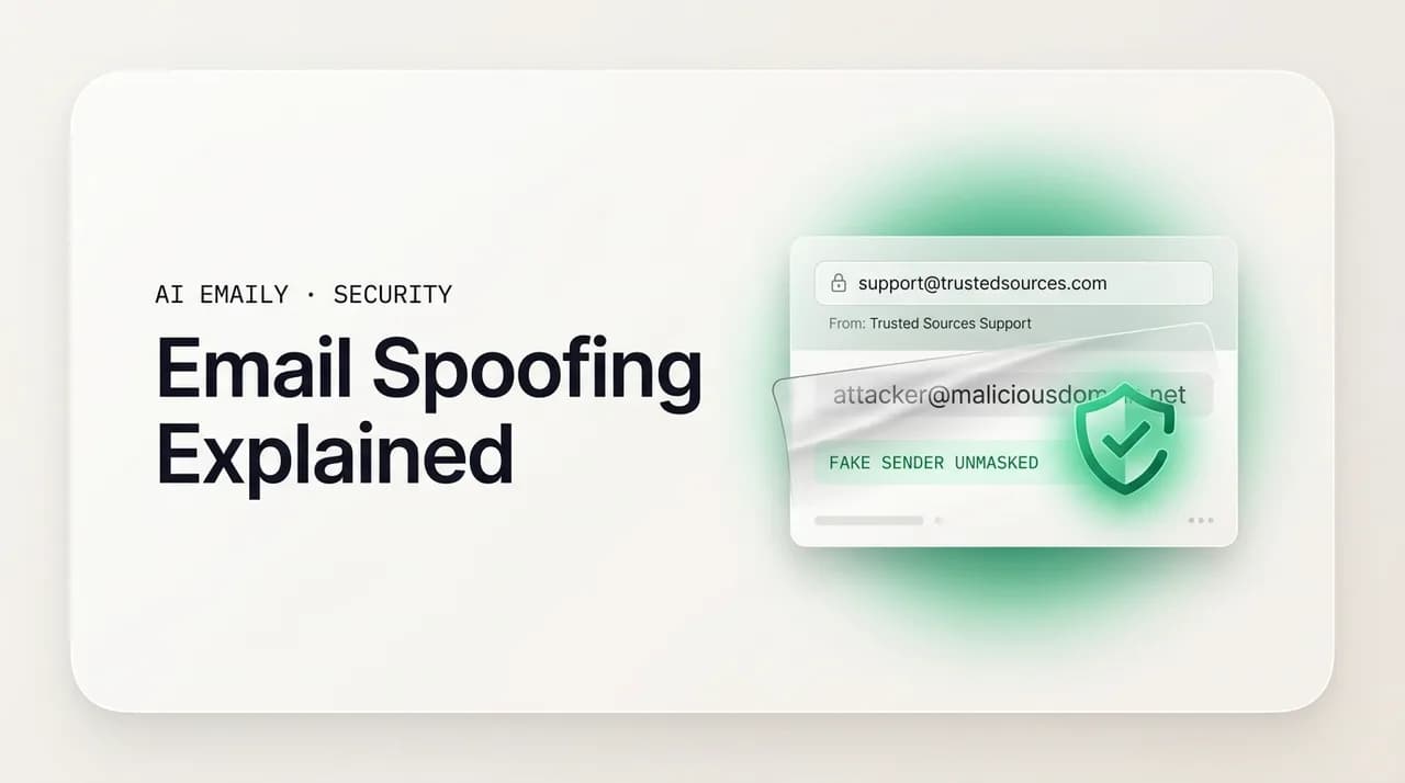AI Emaily blog cover for email spoofing, showing a forged sender address unmasked as fake