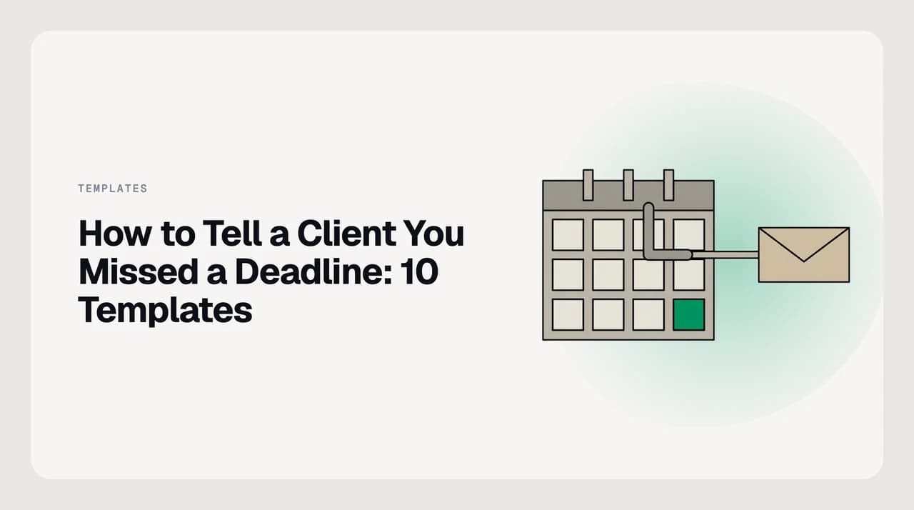 Blog cover showing a structured missed-deadline email to a client with bracketed fields for cause, new date, and what changes