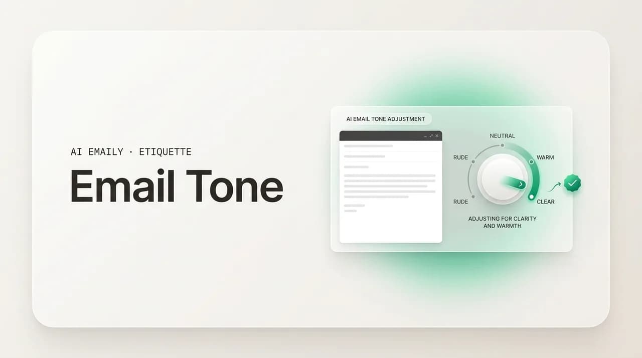 AI Emaily blog cover for email tone, showing a tone dial adjusting an email to sound warm and clear