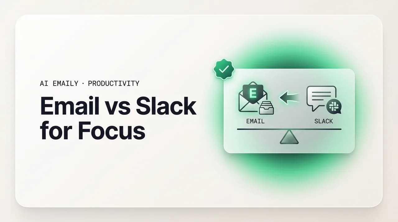 AI Emaily blog cover for email vs Slack for focus, showing email and chat weighed for attention
