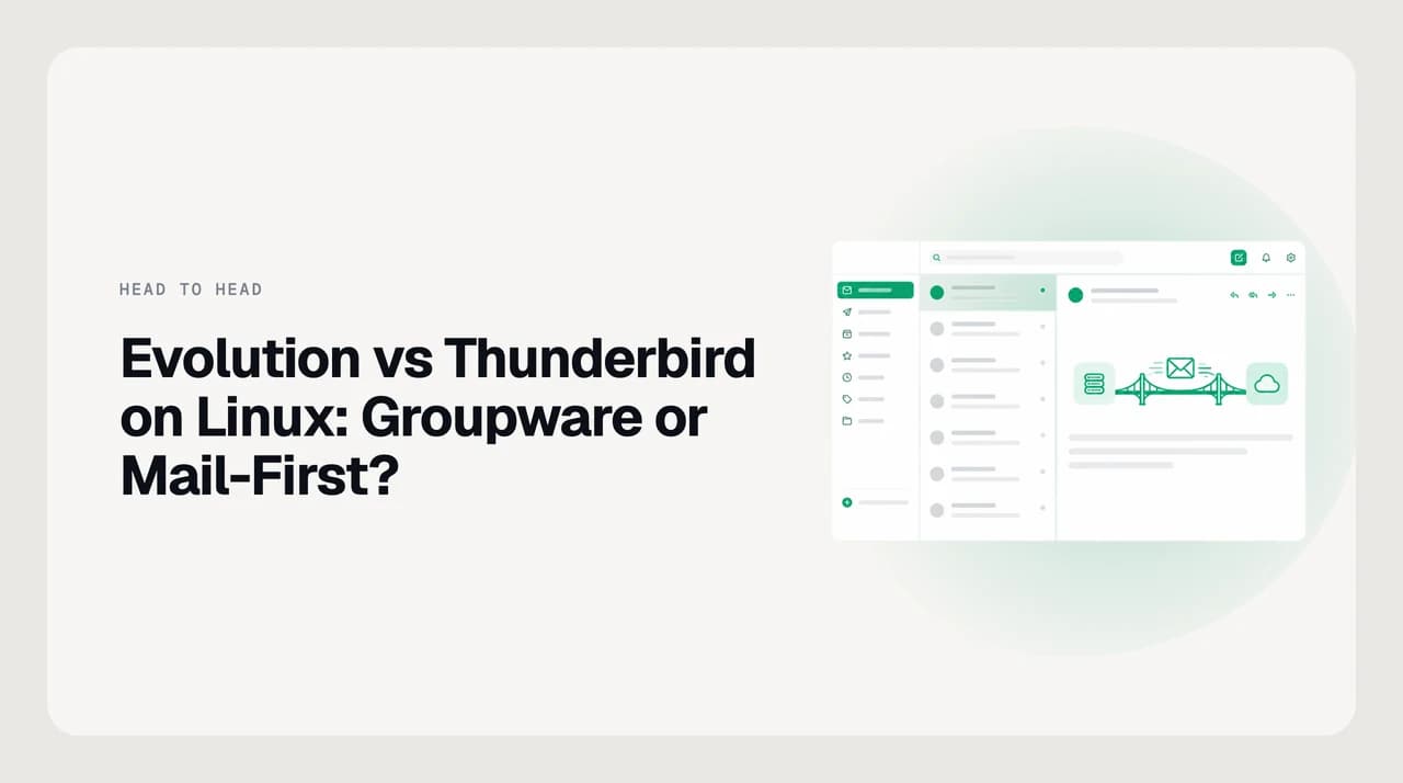 Evolution vs Thunderbird on Linux compared across mail, calendar, contacts and Exchange support, shown as two side-by-side client stacks