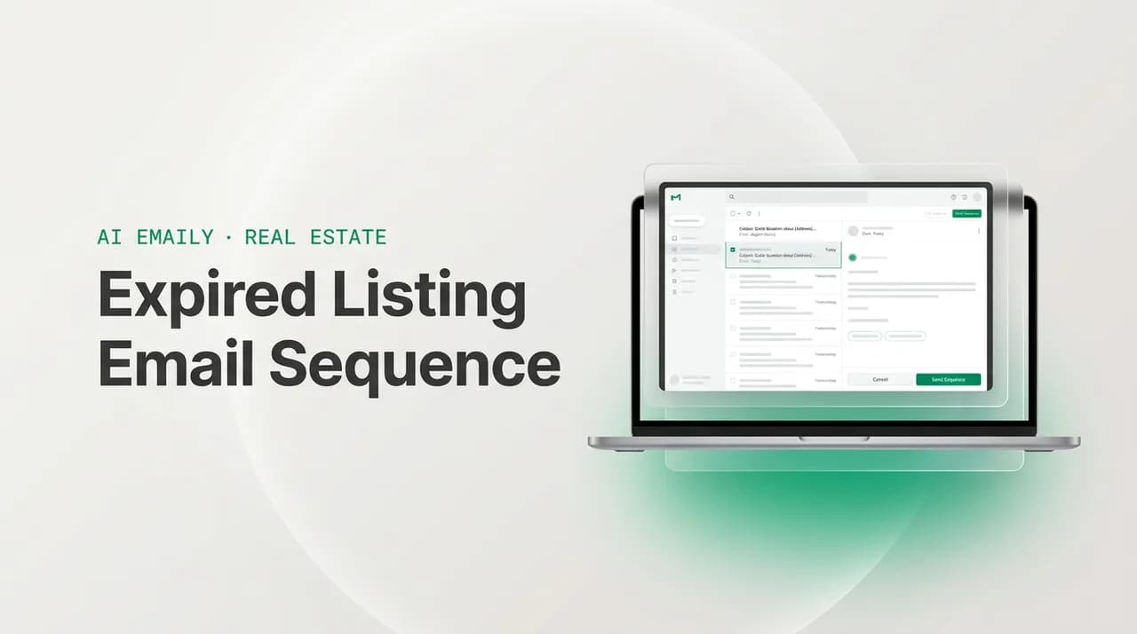 AI Emaily blog cover for expired listing email sequence, showing an AI email client on a laptop with the headline Expired Listing Email Sequence