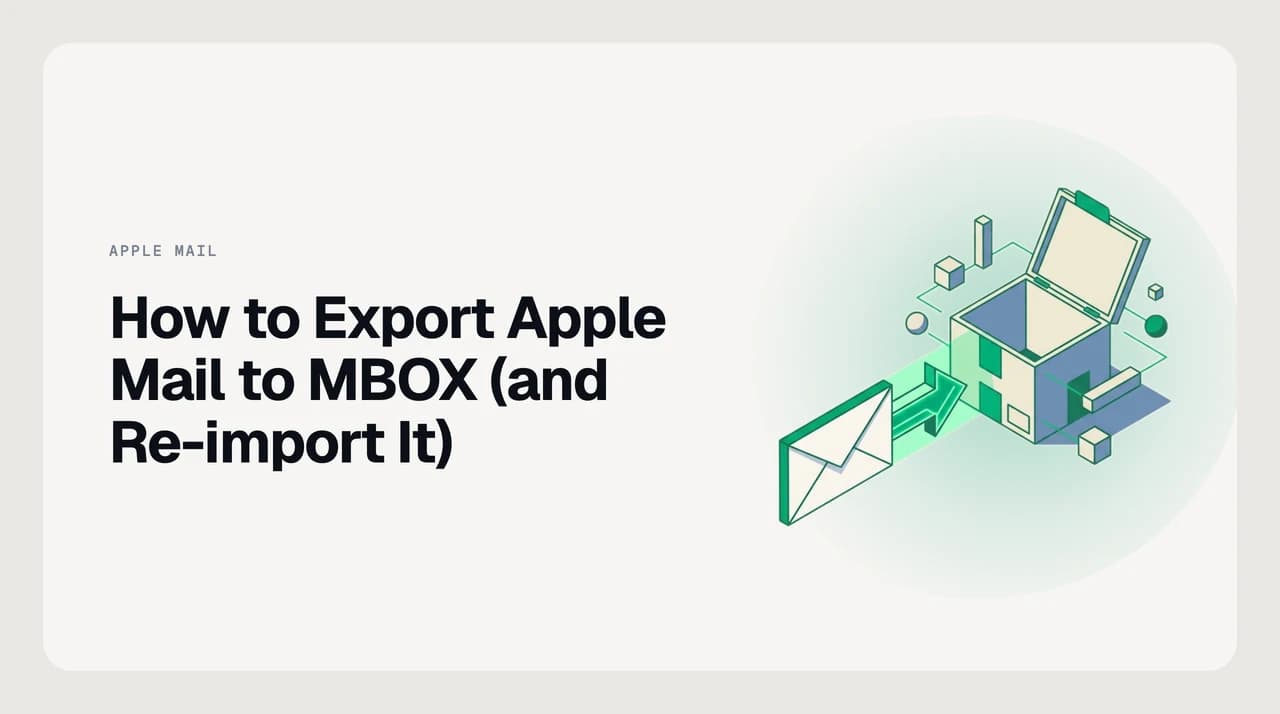 Illustration of Apple Mail exporting a mailbox to a standard .mbox archive file that other mail clients can re-import