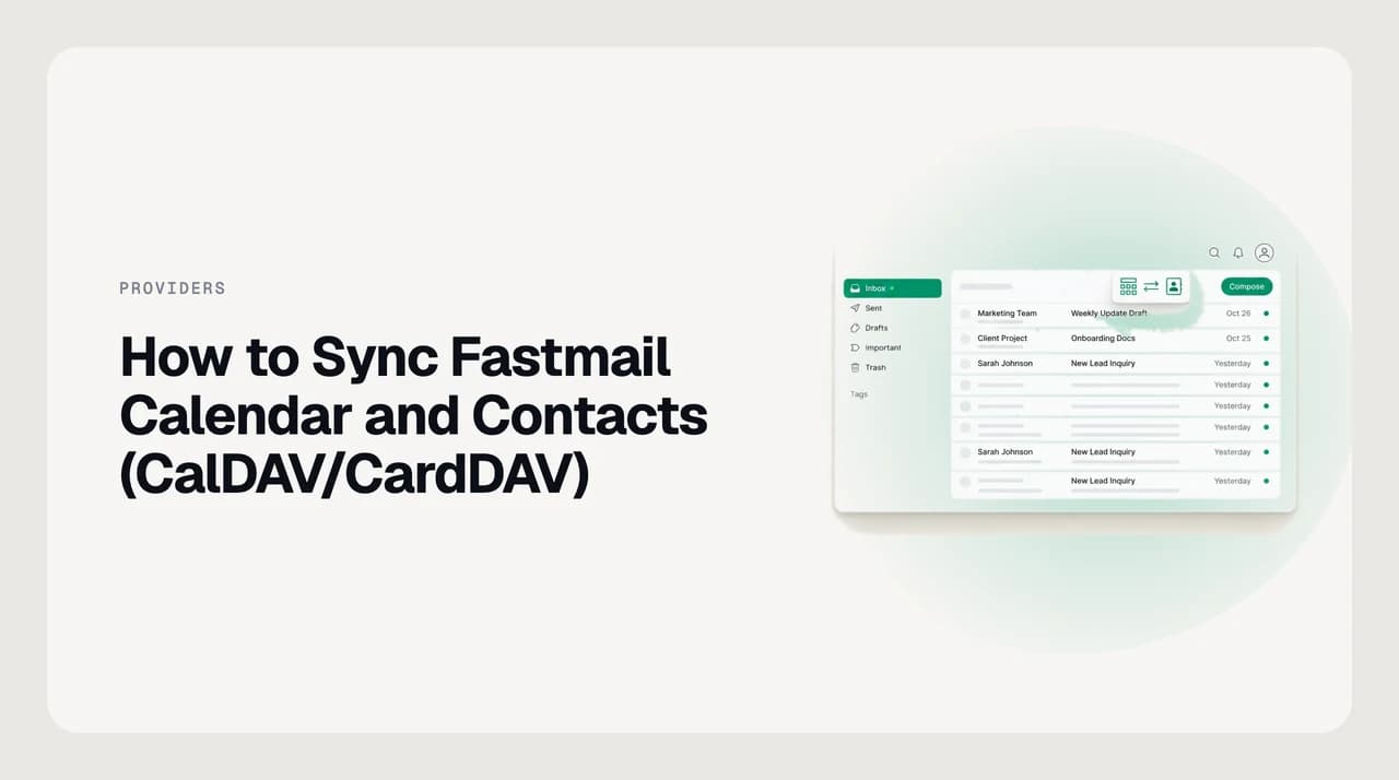 Diagram showing a Fastmail calendar and contacts syncing over CalDAV and CardDAV to a phone and a laptop