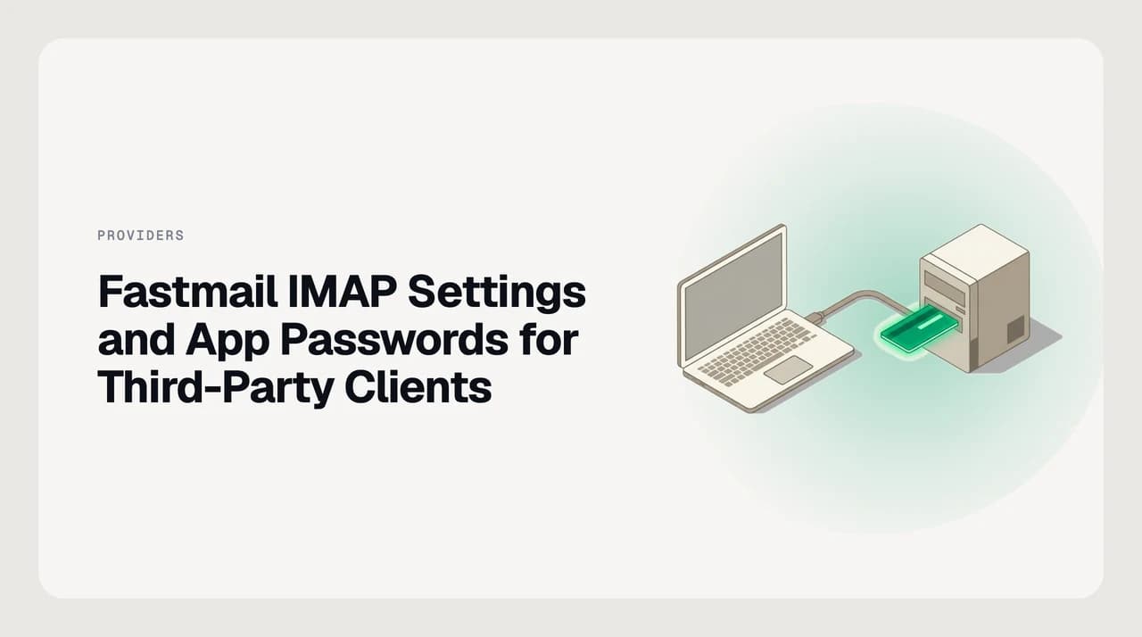 Fastmail IMAP and SMTP server settings alongside an app password generation screen