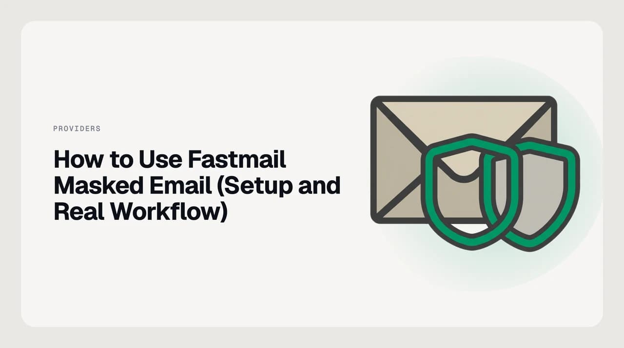 Illustration for a Fastmail Masked Email guide showing a random alias address intercepting inbound mail before it reaches a real inbox