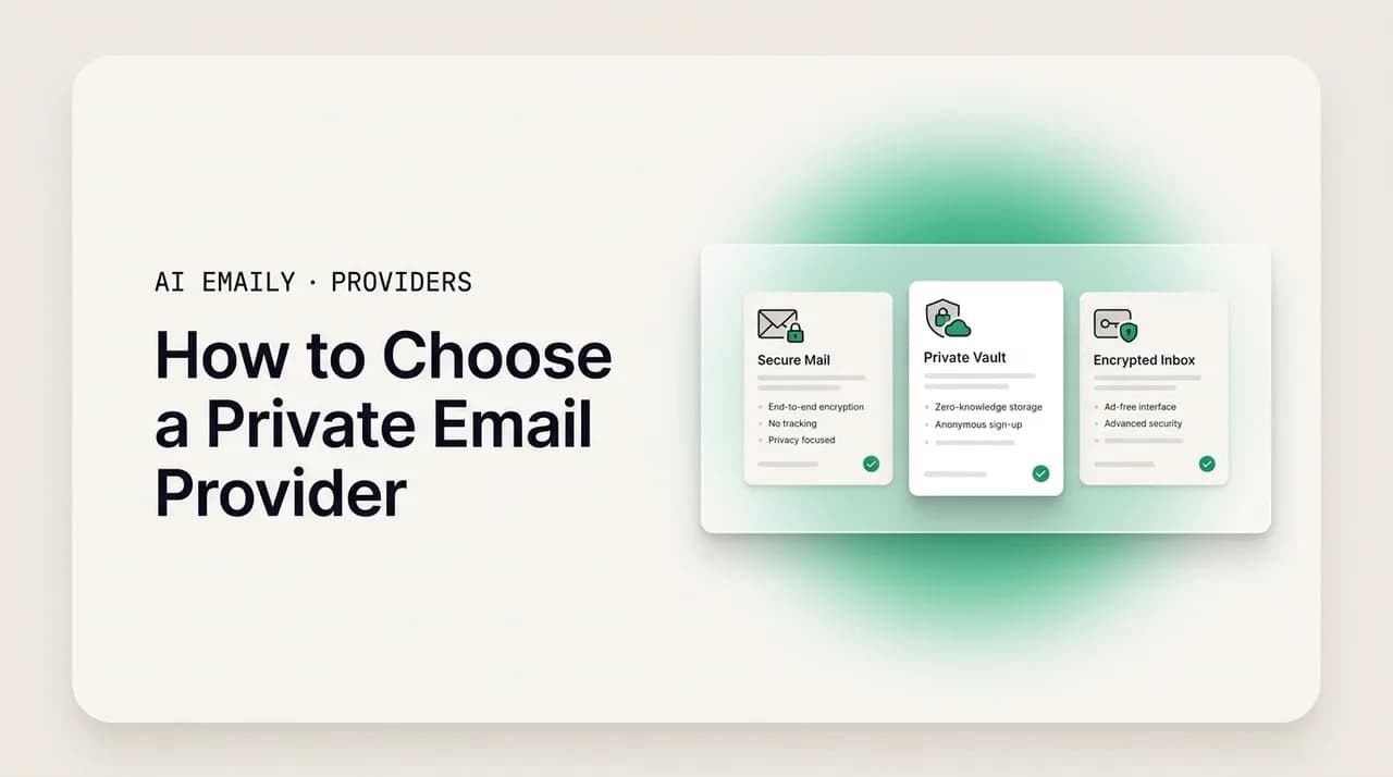AI Emaily blog cover for choosing a private email provider, showing three private provider cards compared