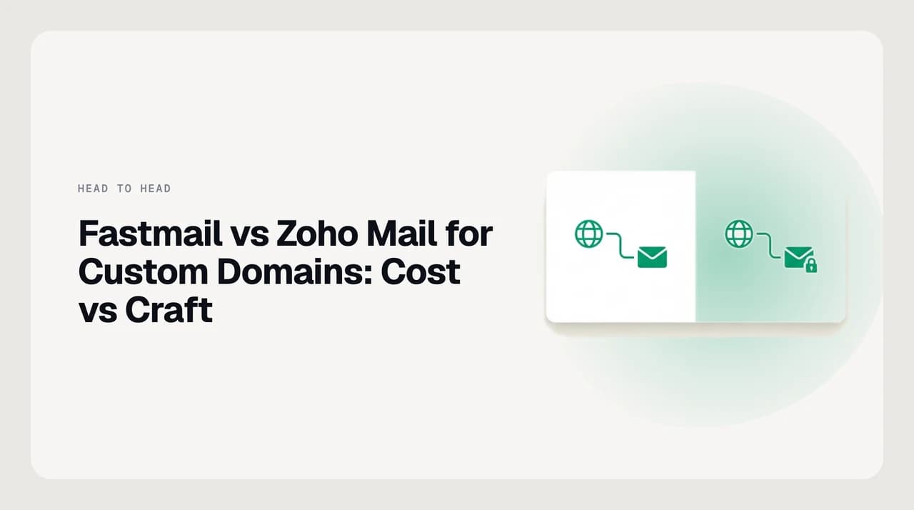 Side-by-side comparison of Fastmail and Zoho Mail for custom domains, showing DNS records, MX routing and mailbox setup