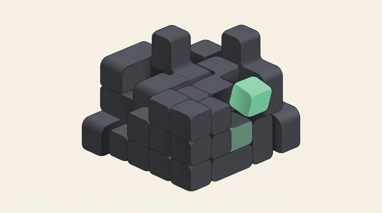Interlocking rounded blocks stacked in layers with one block lifted out and tinted green, representing the user, mailbox and device layers of new Outlook control