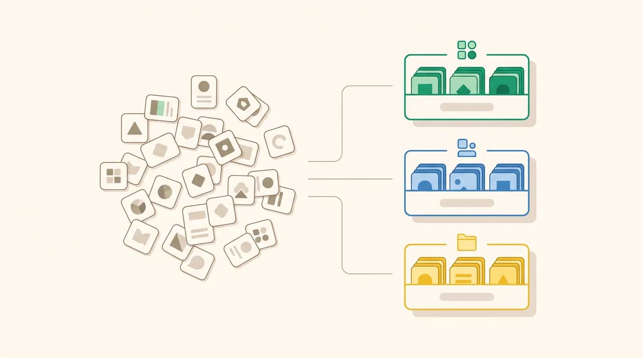 Scattered cards routed by thin lines into three neat bins, one outlined in green, representing new Outlook losses sorted into permanent gaps, temporary gaps and things with workarounds