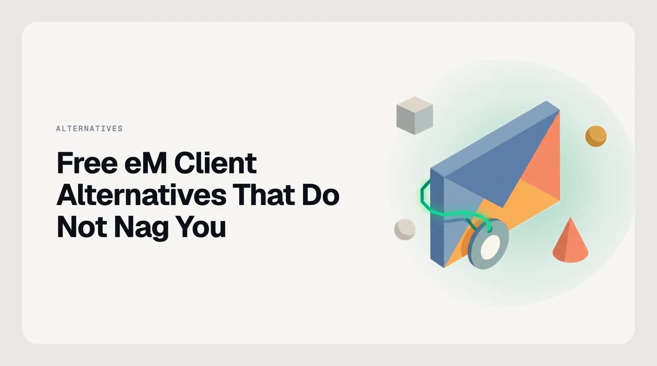 Free eM Client alternatives ranked as option cards, with the top-tier open-source clients grouped and one card marked as a personal-use-only licence