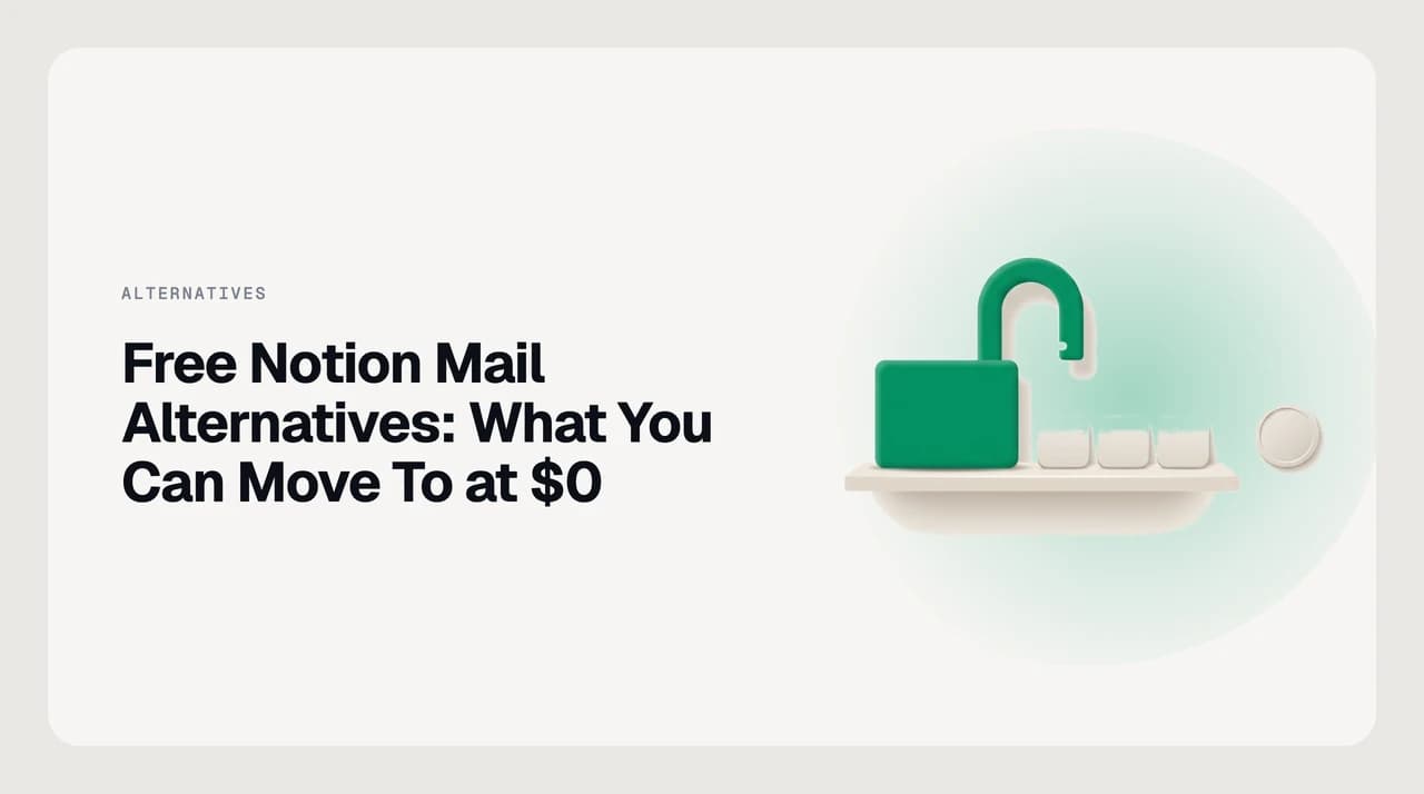 Free Notion Mail alternatives compared — several email client options with price tags reading zero and one marked with a limit badge