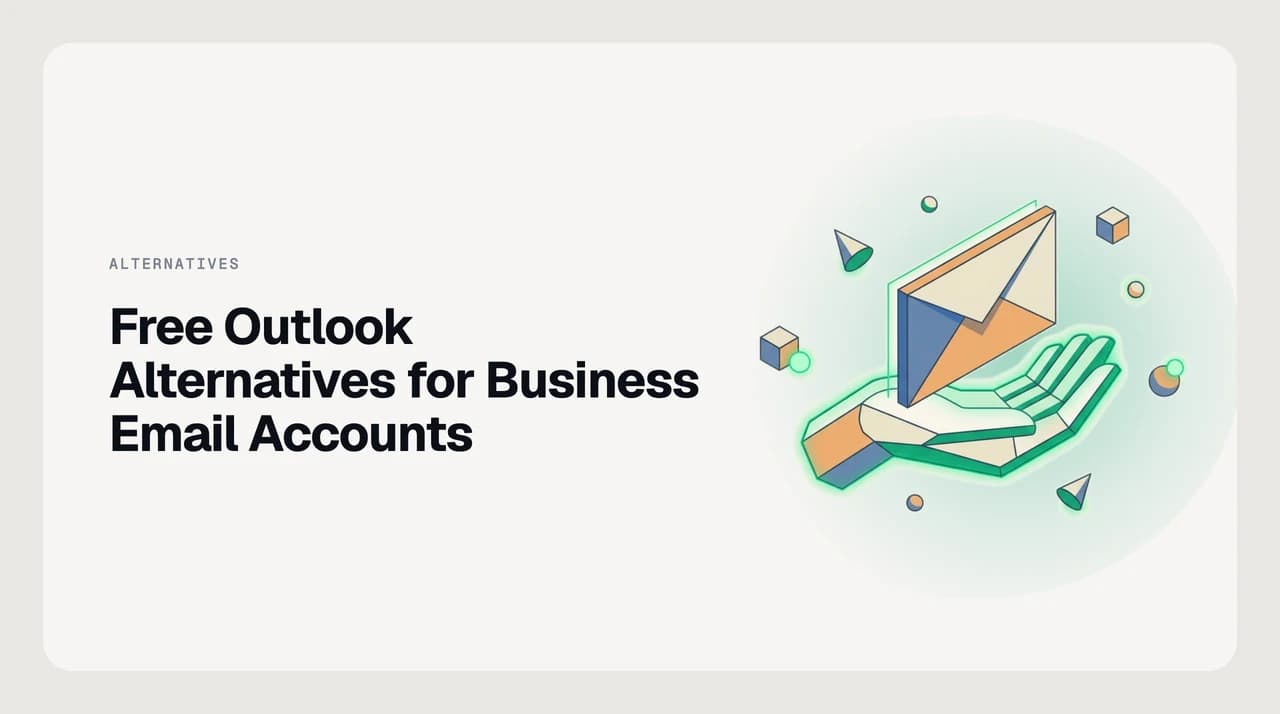 Free Outlook alternatives for business email arranged as ranked option cards, split between free desktop clients that connect to a Microsoft 365 or IMAP mailbox and free hosted mail providers, with one card flagged as personal-use-only