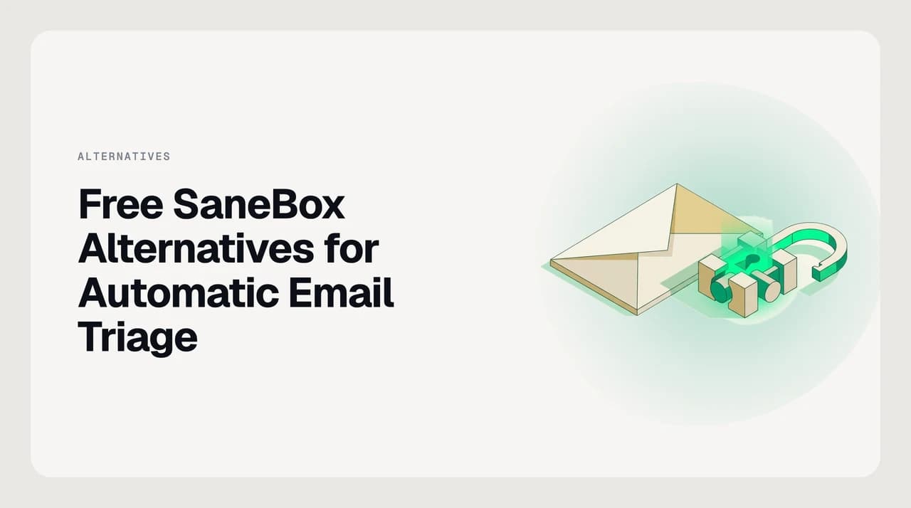 Free SaneBox alternatives for automatic email triage shown as a sorting flow with native Gmail and Outlook badges plus a self-hosted card at the end