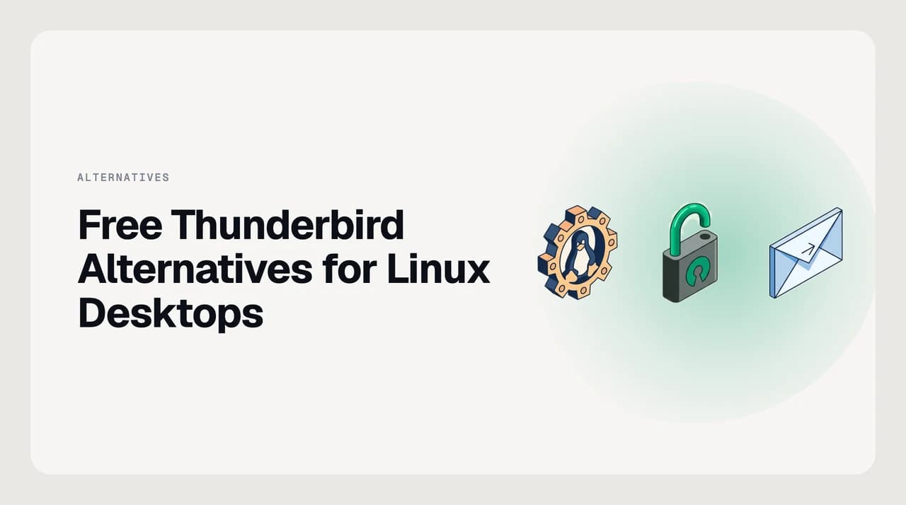 Free Thunderbird alternatives for Linux — open-source desktop email clients Evolution, KMail, Geary and Claws Mail shown as app tiles on a Linux desktop, with the top pick outlined in green