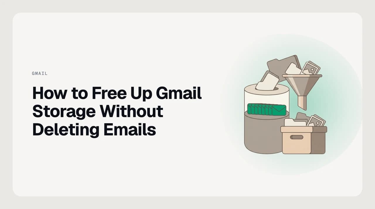 Visual showing Gmail, Google Drive, and Google Photos sharing a 15 GB storage pool, with steps to free space without deleting emails