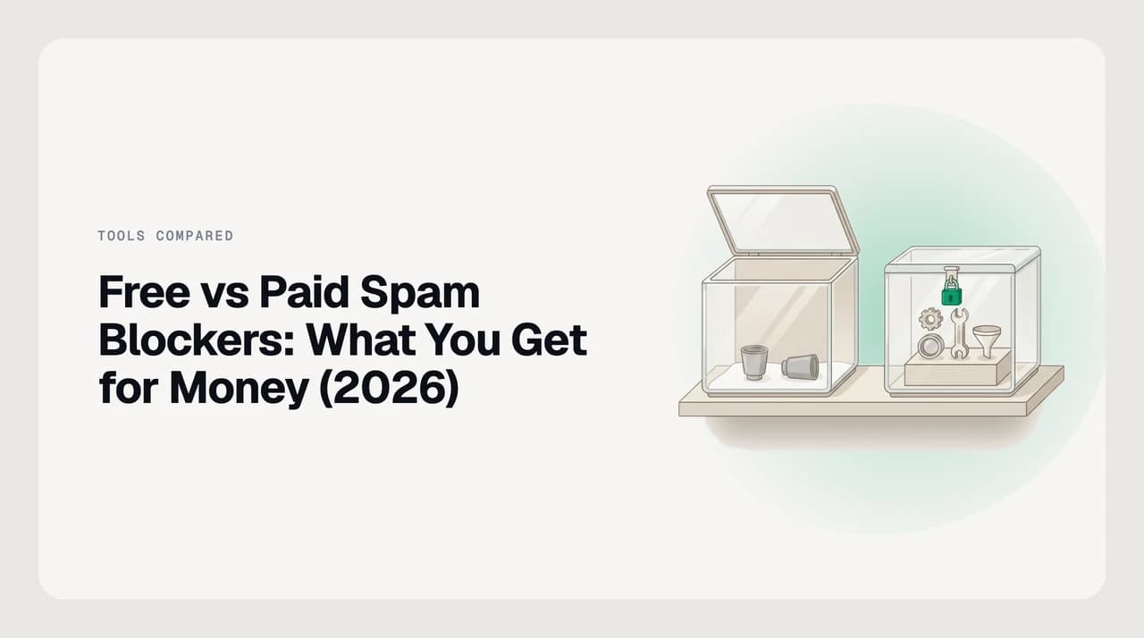 Free vs paid spam blocker for email compared on a split panel — built-in provider filter on the left, paid third-party subscription on the right.