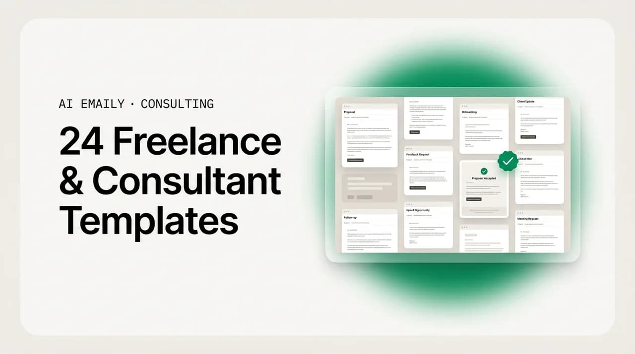 AI Emaily blog cover for freelance and consultant email templates, showing a library of templates that win clients