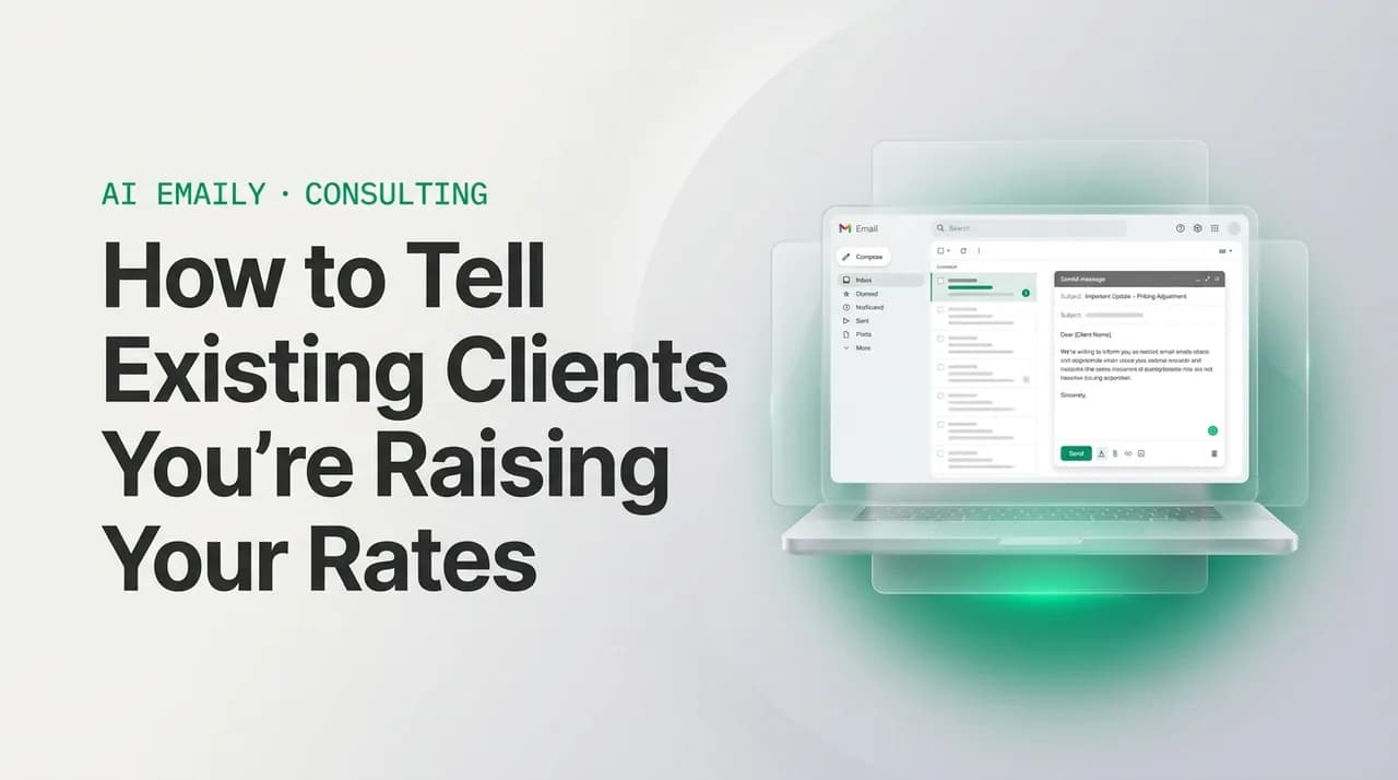 AI Emaily blog cover for freelance rate increase email to clients, showing an AI email client on a laptop with the headline How to Tell Existing Clients You're Raising Your Rates