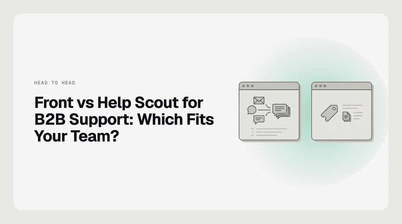 Split illustration comparing Front's cross-channel shared inbox against Help Scout's ticketing and knowledge base workflow for B2B support teams