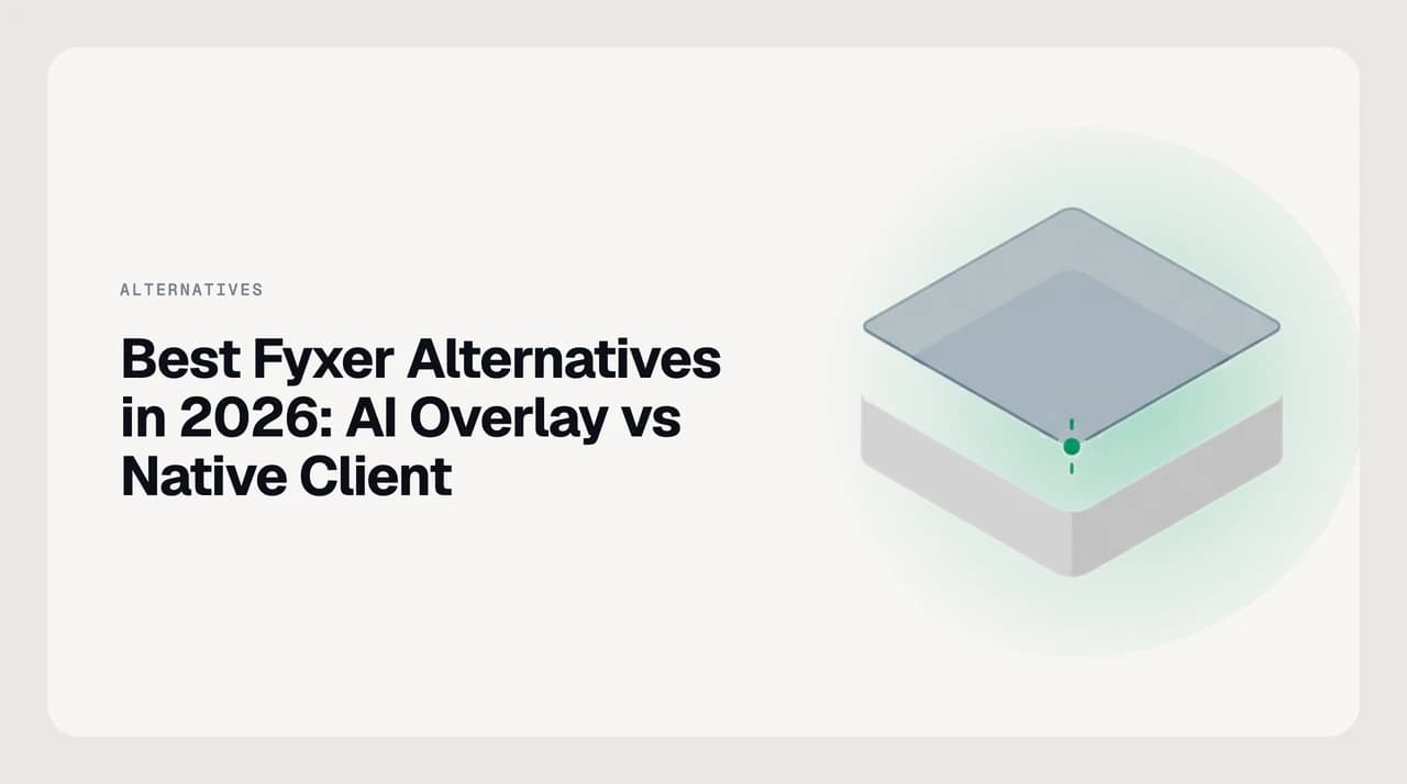 Diagram comparing the best Fyxer alternatives in 2026 on the overlay-versus-native-client axis, with AI Emaily, Shortwave and Superhuman Mail on one side and Fyxer on the other.
