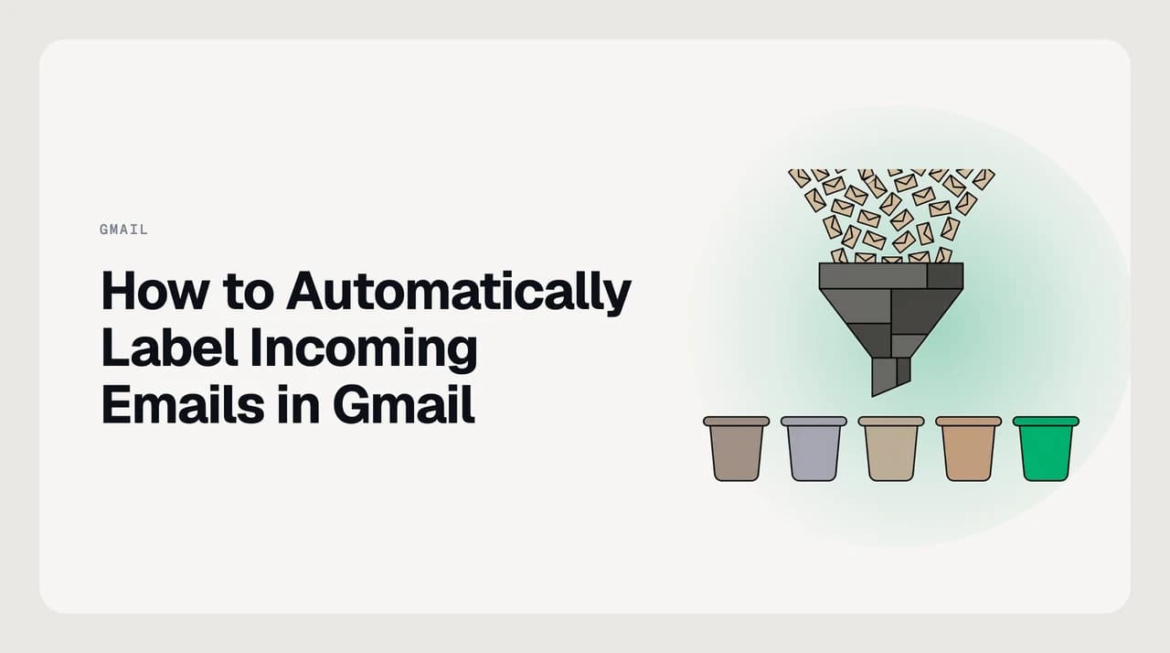 Blog post cover for automatically labelling incoming emails in Gmail, showing email messages sorted into colour-coded label bins by filter rules