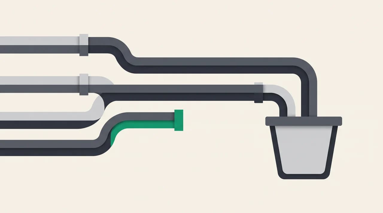 Diagram of four parallel pipes feeding one container, with one pipe cleanly severed to show the removed POP fetch path