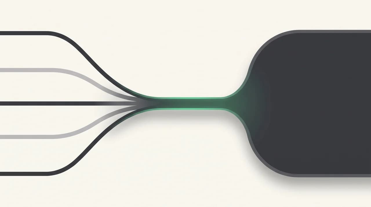 Diagram of five thin streams merging into one wide channel flowing into a single container, showing a universal client reading every mailbox in place