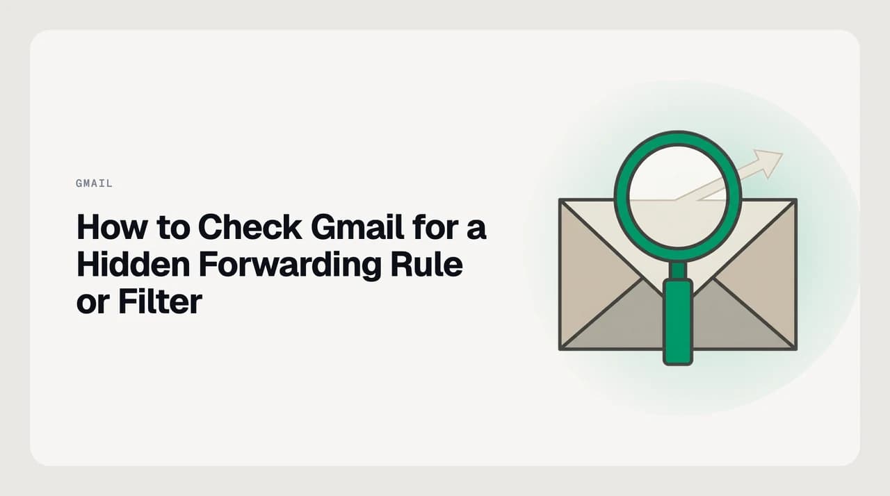 Security audit checklist for Gmail settings showing the three checkpoints — forwarding address, filters, and delegate access — used to detect a hidden forwarding rule