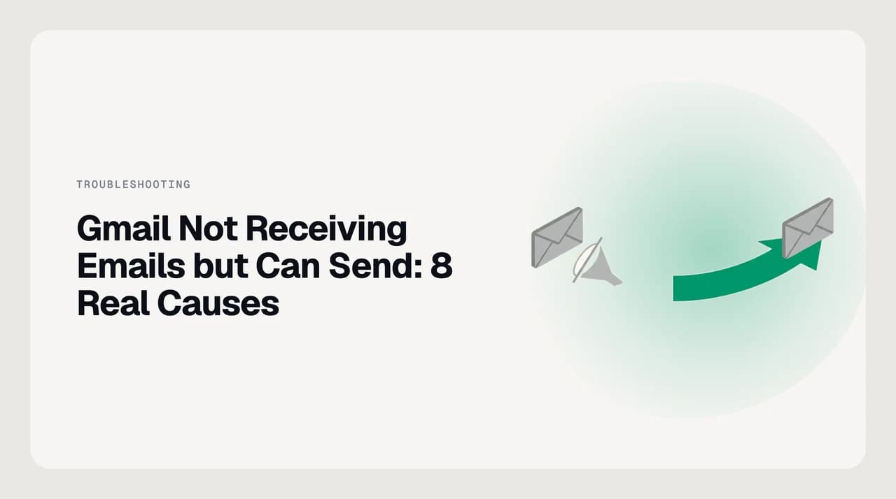 Illustrated diagram of Gmail's incoming mail delivery path — storage check, filter rules, forwarding, and spam — with the eight causes of Gmail not receiving emails labeled at each stage