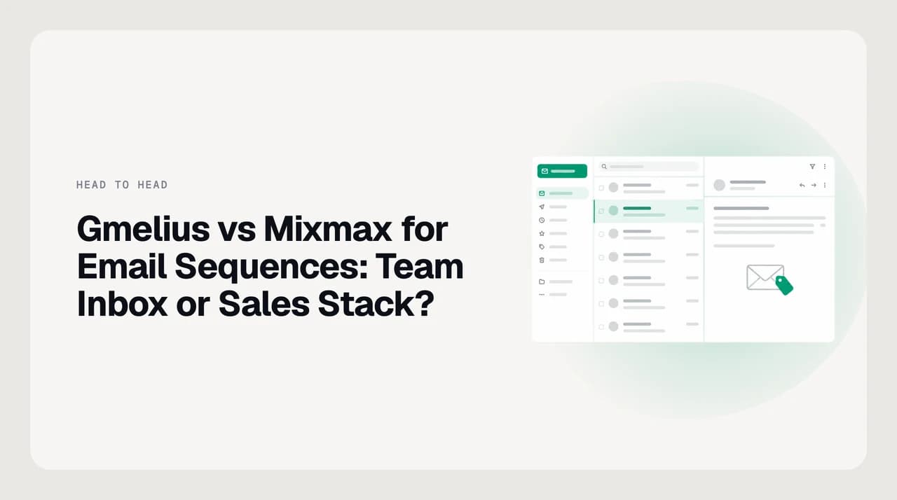 Split comparison diagram of Gmelius vs Mixmax for email sequences, showing a shared team inbox queue with assignment on one side and a multi-step outbound sequence with email, call and LinkedIn steps on the other