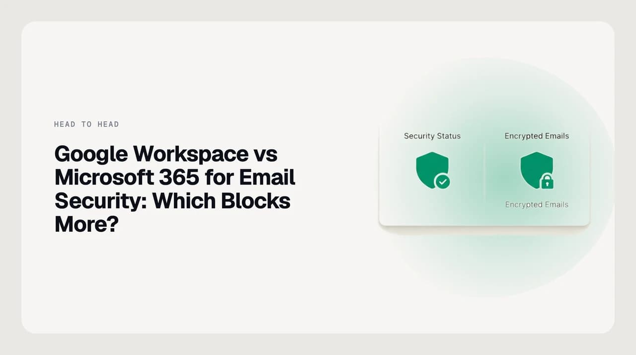 Abstract split illustration comparing Google Workspace and Microsoft 365 email security layers, showing filtering, quarantine and authentication stages side by side