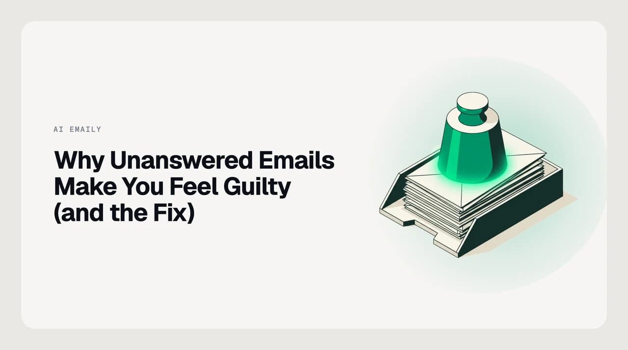 Overflowing inbox of unanswered emails generating guilt, with a four-step decision protocol overlaid to close each open loop