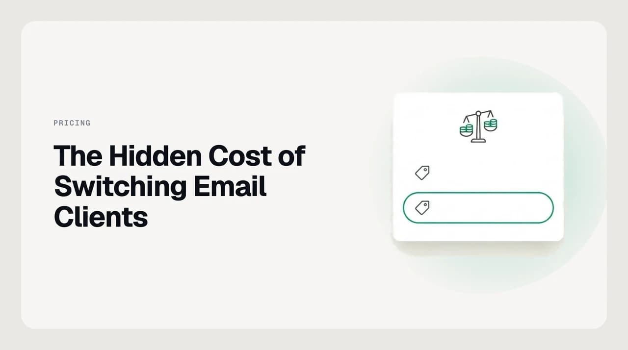 A cost meter overlaid on two overlapping inbox icons, representing the hidden cost of switching email clients in time and disruption.
