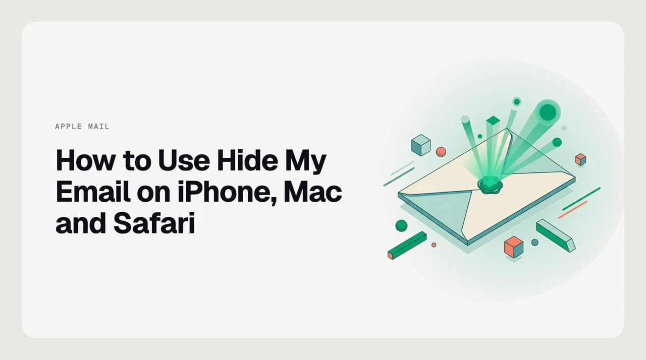 Diagram showing a Hide My Email relay address routing mail from a website sign-up form to an iCloud inbox on iPhone, Mac and Safari