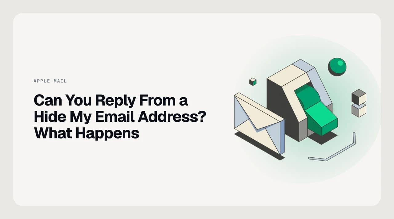 Diagram showing a Hide My Email relay address appearing in the From field of an Apple Mail reply, with the recipient's view on the right showing only the random relay string instead of the sender's real iCloud address