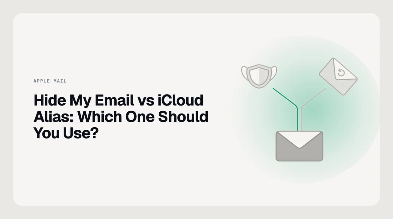 Side-by-side diagram comparing an iCloud email alias (one of three permanent @icloud.com addresses in one mailbox) with Hide My Email (many random relay addresses forwarding to a real inbox), showing which use case each is built for