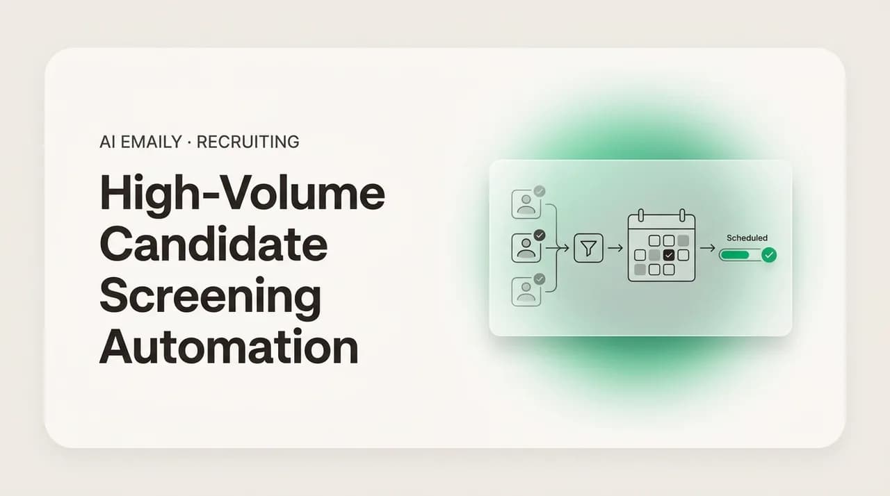 AI Emaily blog cover for high-volume candidate screening and scheduling automation, showing screening handled automatically