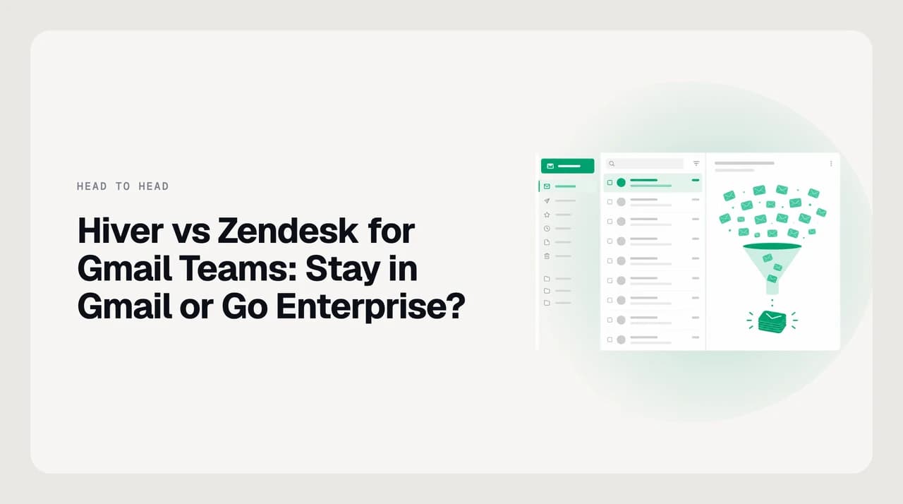 Hiver vs Zendesk for Gmail teams — a shared Gmail inbox with assigned conversations on one side, a full ticketing platform with routing and reporting on the other.