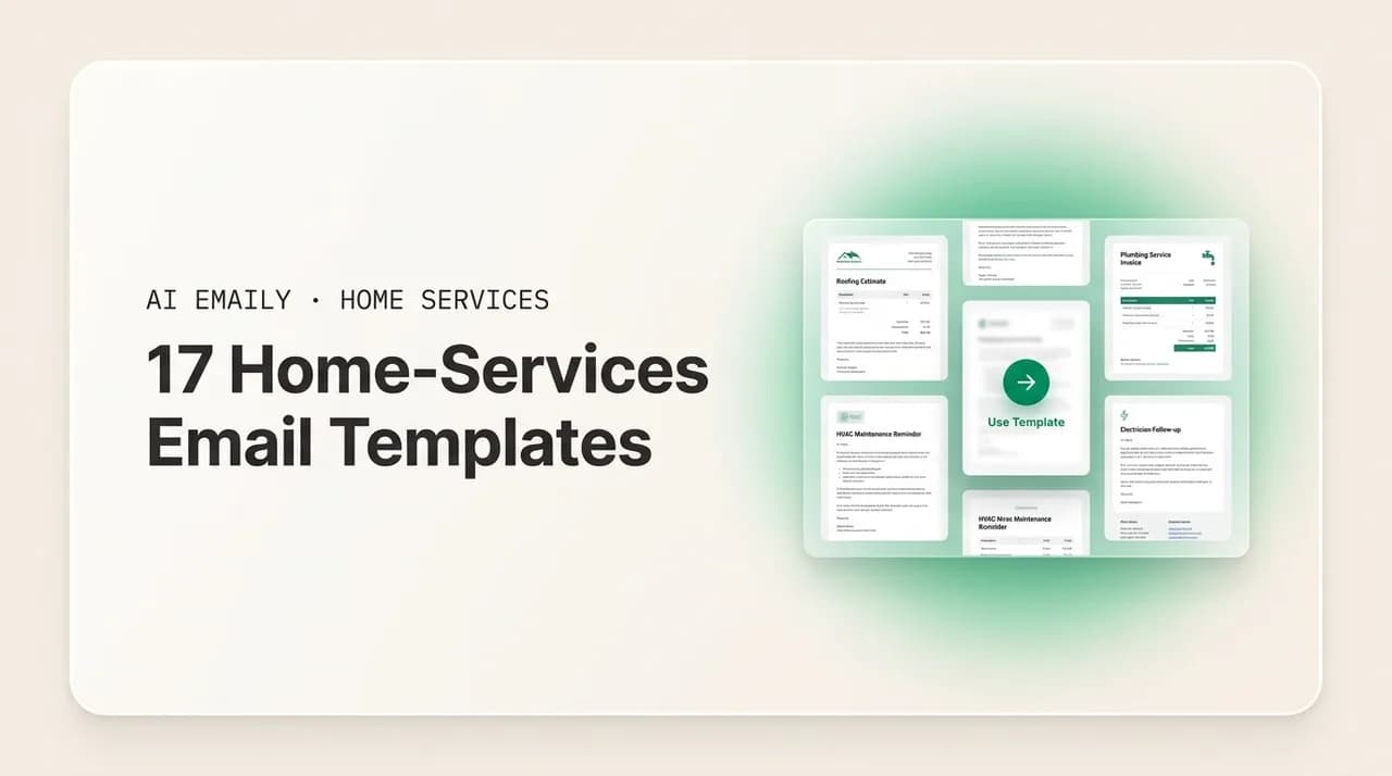AI Emaily blog cover for home-services email and estimate templates, showing a library of templates