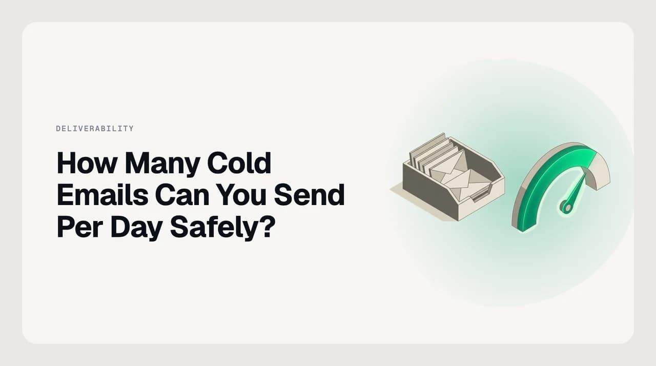 Illustration of a cold email sending ramp — daily volume rising in small steps only while bounce and complaint signals stay flat, with a provider sending cap far above.