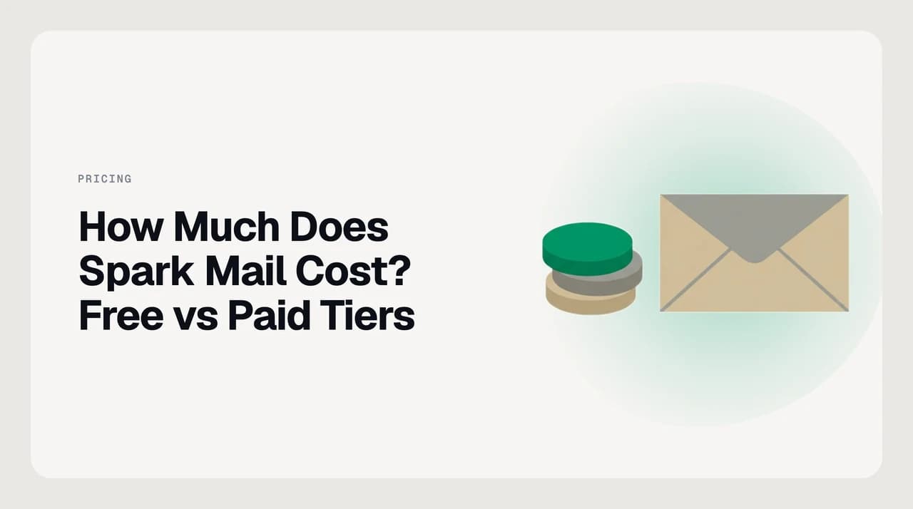 Spark Mail pricing breakdown showing the Free, Plus, Pro, and Enterprise tiers side by side with what each plan includes and withholds