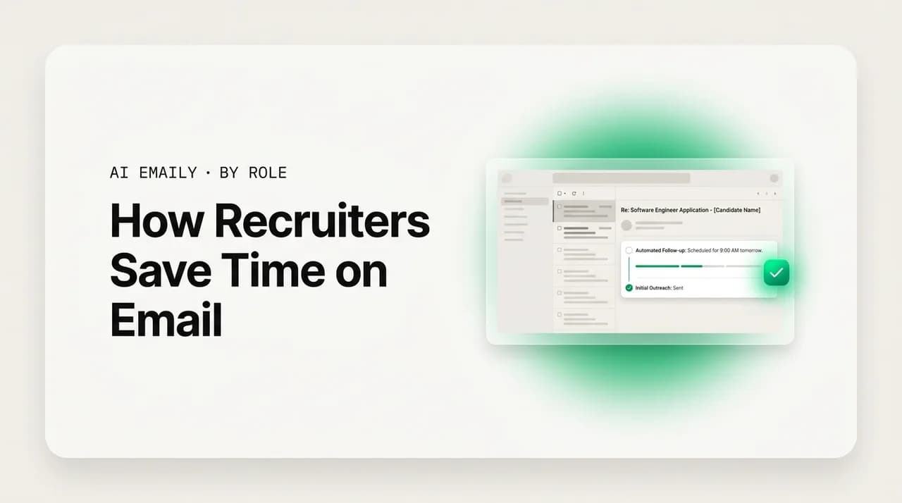 AI Emaily blog cover for how recruiters save time on email, showing a recruiter inbox automating follow-ups