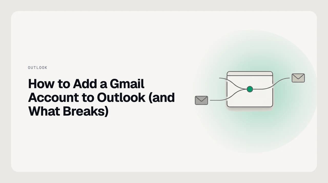 Illustration of a Gmail account connecting into Outlook, showing the sign-in step and mail syncing into the folder pane
