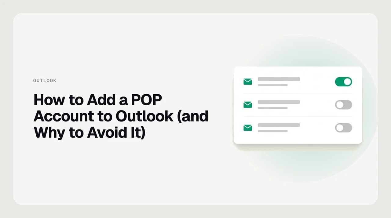 Illustration of adding a POP account to Outlook, showing the server settings step and the leave-a-copy-on-server toggle