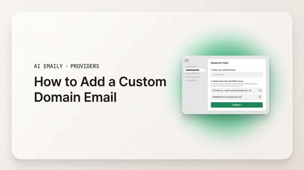 AI Emaily blog cover for how to add a custom domain email, showing a custom domain connected to an email account