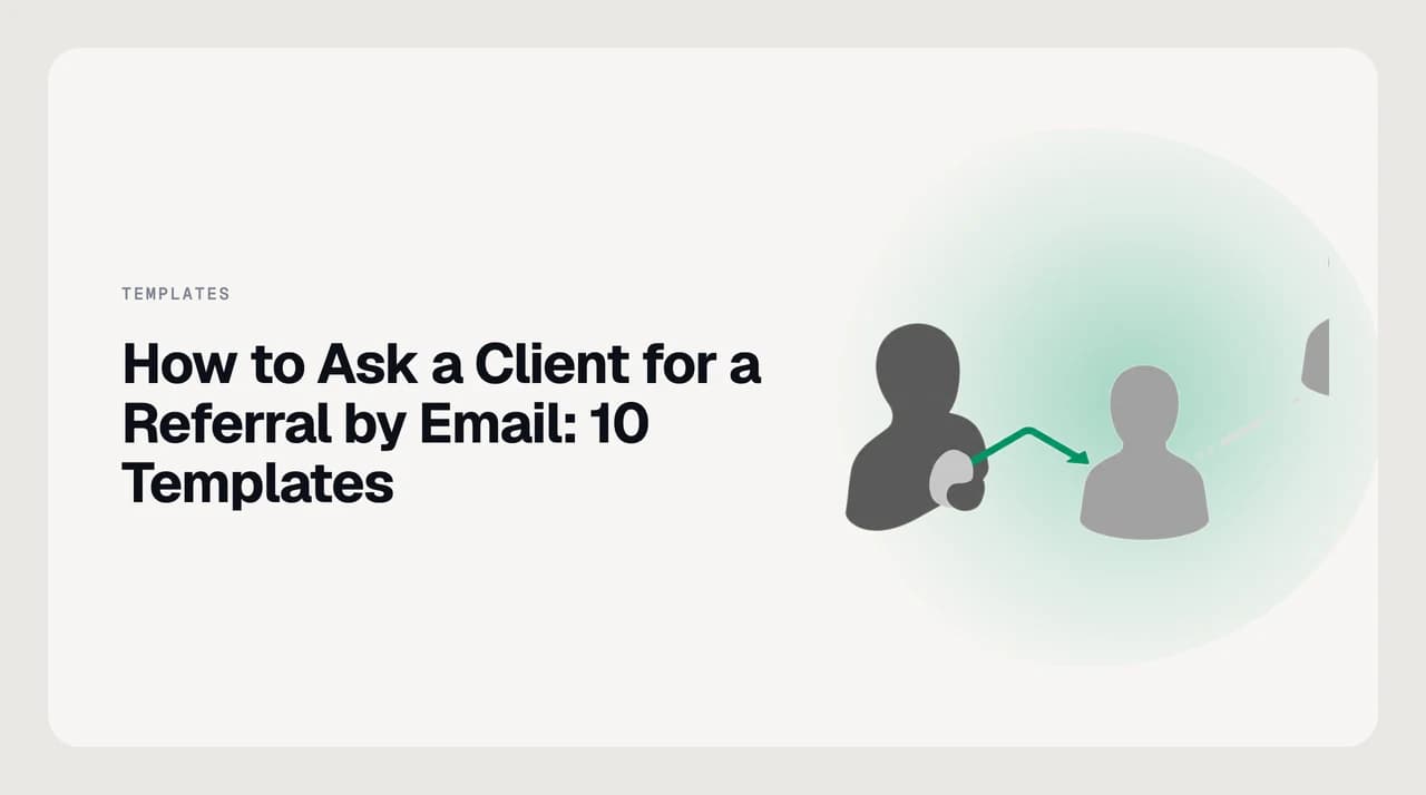 A professional composing a referral request email with placeholder fields for client name, project result, ideal client description, and a forwardable paragraph