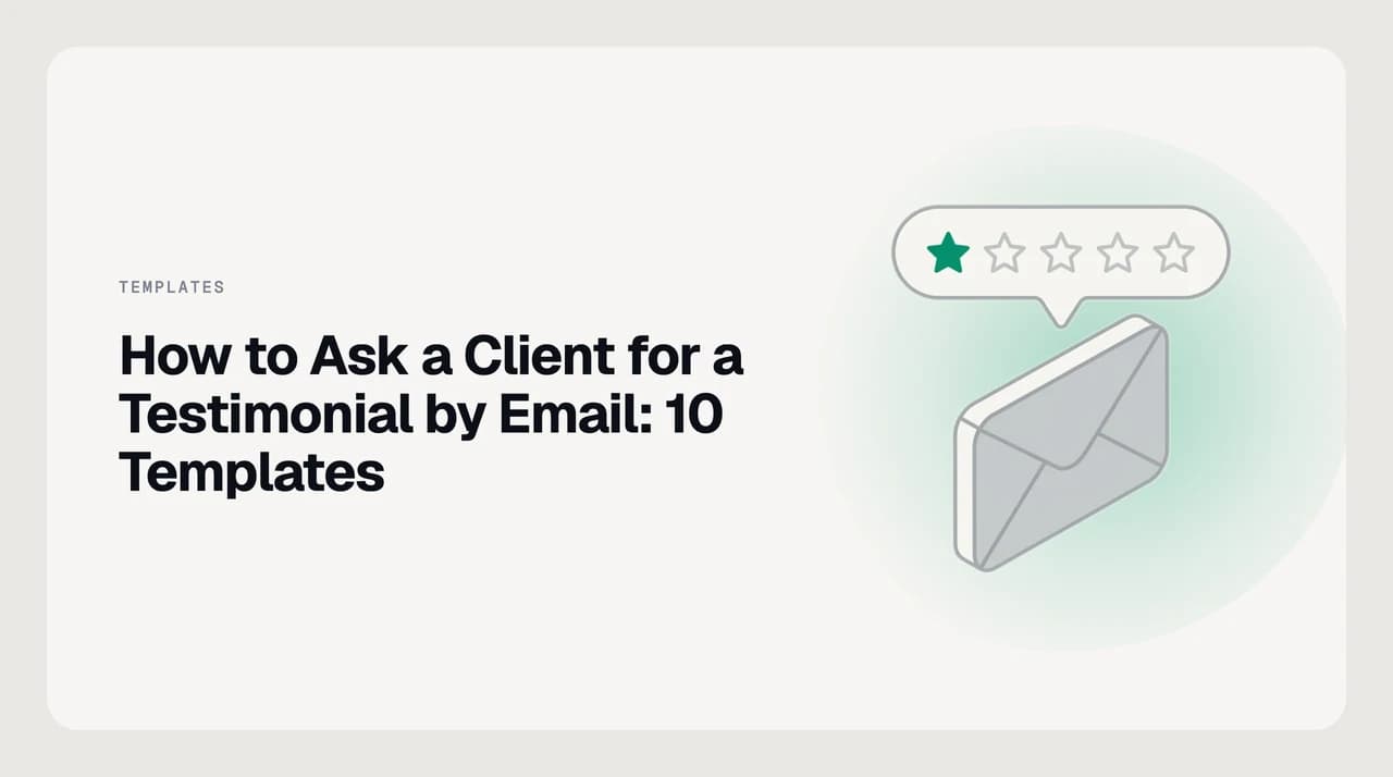 Email interface showing a testimonial request being drafted to a satisfied client, with placeholders for the result achieved and a quote draft ready for approval
